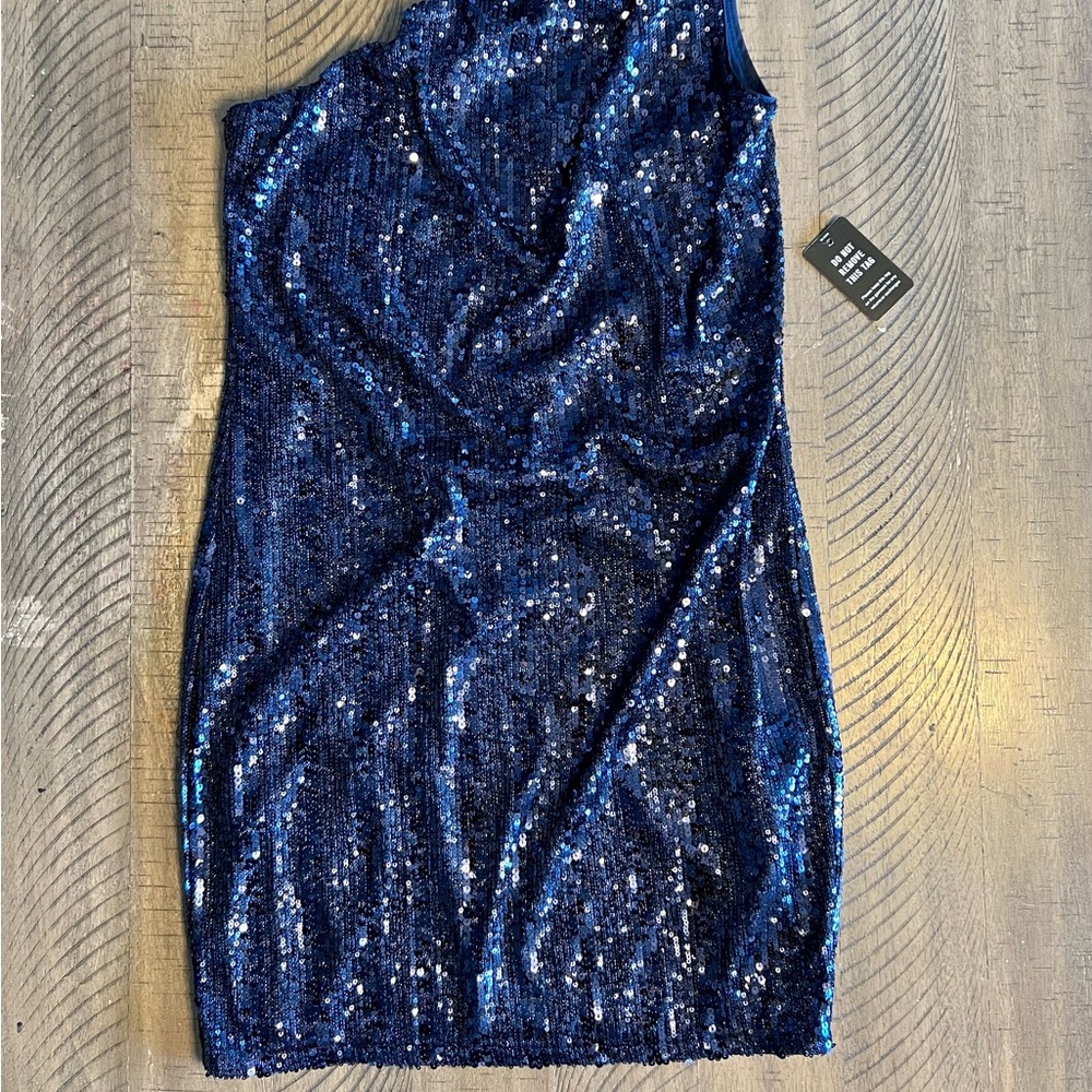 Express NWT sequined sleeveless one shoulder dress Sz XS navy blue